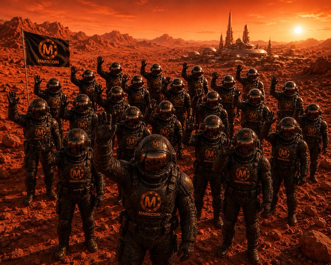 A sci-fi style illustration depicts a large group of astronauts in dark spacesuits with 'M' and 'MARSCOIN' logos on their chests, standing on a red Martian landscape with a flag, raising their hands in greeting toward futuristic domed structures in the distance.