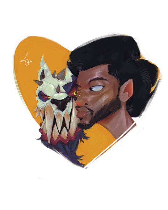 A digital painting featuring a man with dark hair and a beard alongside a skeletal, demonic-looking creature with sharp teeth, set against a yellow heart-shaped background.