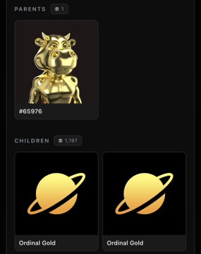 Digital collectible display showing a golden bull parent NFT (#65976) with two "Ordinal Gold" Saturn-themed children, totaling 1,197.