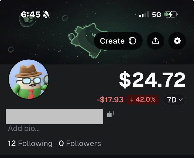 A crypto wallet profile screen showing a balance of $24.72 with a 42.0% decrease of -$17.93 over 7 days, featuring a cartoon avatar of a character with a hat and glasses.