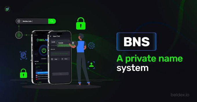A promotional graphic for beldex.io showcases the BNS (private name system) feature with a person interacting with a smartphone displaying a chat interface and lock icons.