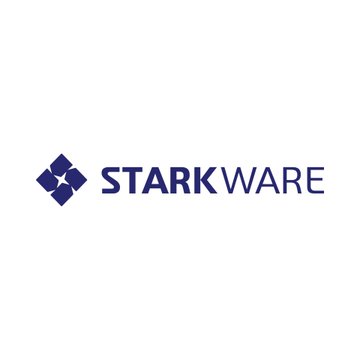 The image displays the StarkWare logo, featuring a dark blue geometric symbol of overlapping diamonds next to the company name "STARKWARE" in matching blue lettering. The logo relates to the accompanying post about StarkWare's recent optimization challenge that reduced the GPU cost of building quantum-resistant Bitcoin transactions from $320 to approximately $67.