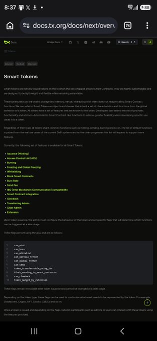 Screenshot of a technical documentation page on docs.tx.org about Smart Tokens, detailing their chain-agnostic nature and functions like Issuing, Burning, and Whitelisting.