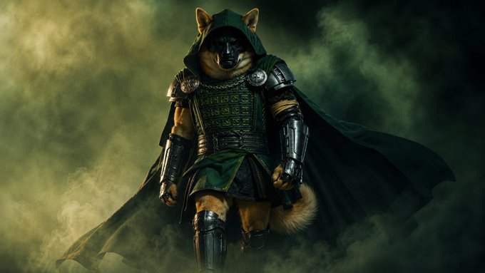 An anthropomorphic Shiba Inu dog stands in a dramatic pose wearing dark green and black samurai armor with a flowing cape, surrounded by green fog.