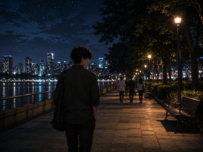 An AI-generated image showing a person viewed from behind walking along a riverside promenade at night, with a glowing city skyline across the water and street lamps illuminating the path.