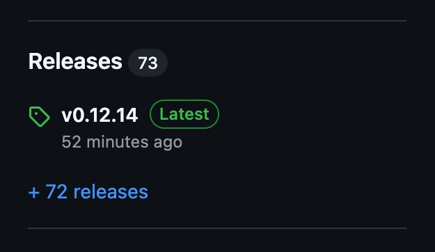 Dark-themed interface section showing 'Releases 73' with the latest version labeled 'v0.12.14 Latest' released 52 minutes ago, and a link for '+ 72 releases'.