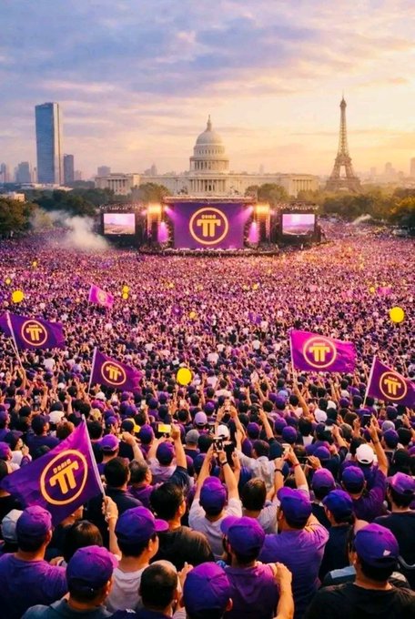 A massive outdoor concert crowd waves purple flags with a 'TT' logo (Toutiao/TikTok) in front of a stage, with landmarks resembling the U.S. Capitol and the Eiffel Tower in the background under a sunset sky.