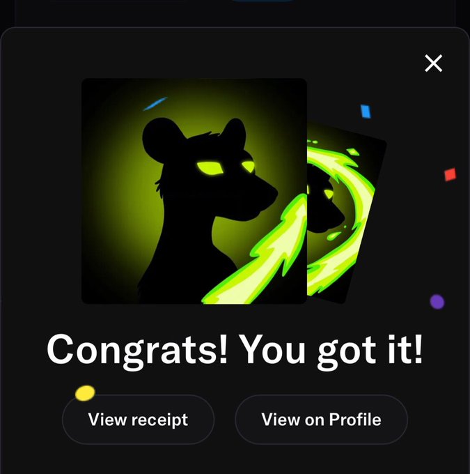A digital congratulatory screen reading 'Congrats! You got it!' featuring a stylized silhouette of an animal with glowing green eyes and flame effects, with buttons for 'View receipt' and 'View on Profile'.