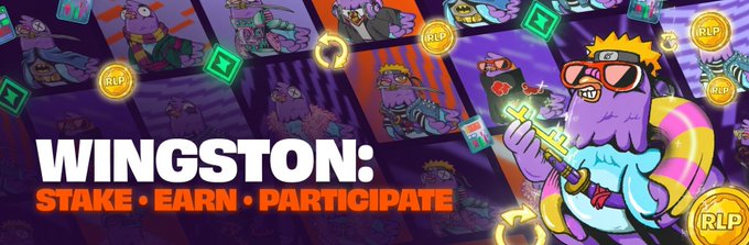 Promotional banner for 'WINGSTON' with the tagline 'STAKE • EARN • PARTICIPATE,' featuring a purple octopus character wearing sunglasses and holding cash, surrounded by RLP tokens.