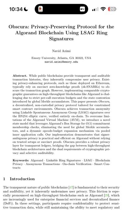 A screenshot of an academic paper titled 'Obscura: Privacy-Preserving Protocol for the Algorand Blockchain Using LSAG Ring Signatures' by Navid Azimi from Emory University, dated 2024, showing the abstract and introduction sections.