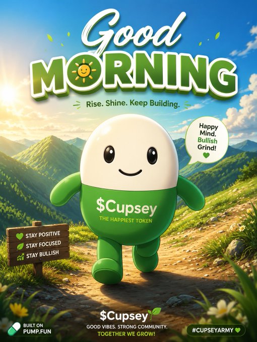A cheerful 'Good Morning' promotional graphic featuring a green and white mascot character called '$Cupsey - The Happiest Token' with a 'Happy Mind, Bullish Grind!' speech bubble and Pump.fun branding.