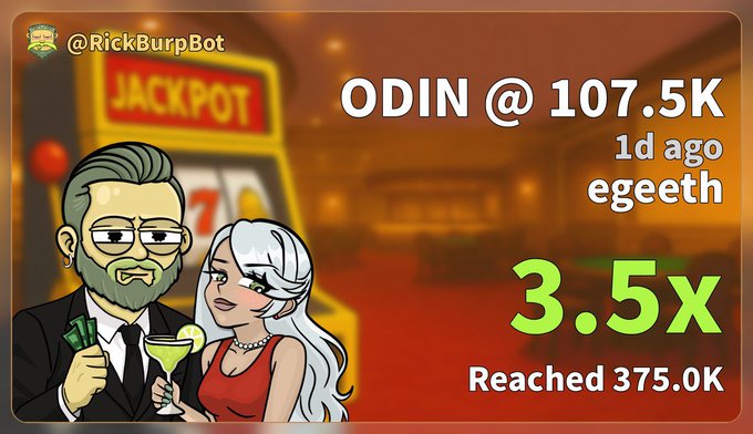 The image, branded @RickBurpBot, shows a cartoon man and woman in formal attire holding cash and a cocktail against a slot machine backdrop, highlighting the ODIN token which was called at $107.5K one day ago on Egeeth and has reached $375K—a 3.5x gain. This visual celebrates the prediction aligning with the post's mention of sharing a promising "Odin" call in the group, reinforcing the suggestion that the token is worth holding.