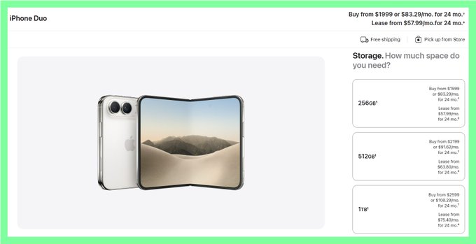 An Apple product page showing the foldable 'iPhone Duo' with storage options of 256GB ($1999/$83.29/mo), 512GB ($2199/$91.62/mo), and 1TB ($2599/$108.29/mo), with lease from $57.99-$75.40/mo.