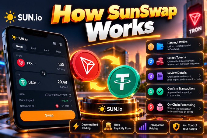 An infographic titled 'How SunSwap Works' showing a mobile app interface for swapping TRX to USDT, alongside steps: Connect Wallet, Select Tokens, Review Details, Confirm Transaction, and On-Chain Processing, with the TRON logo.