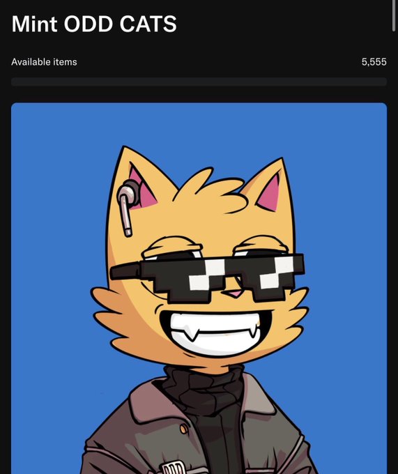 A digital illustration of an orange cat wearing pixelated sunglasses and a jacket, displayed on a screen titled 'Mint ODD CATS' showing 5,555 available items.