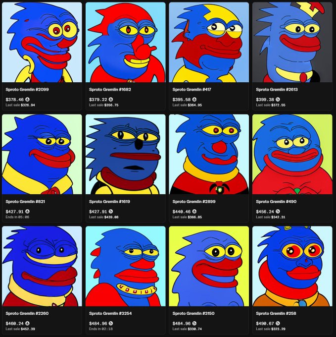 A grid of 12 cartoon-style NFT portraits labeled "Sproto Gremlin" with various item numbers and prices in ETH.
