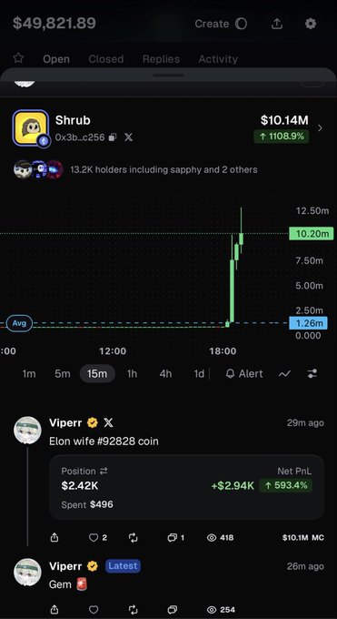 A mobile screenshot of the Pump.fun app showing the "$hrub" token (0x3b...c256) with a $10.14M market cap and a 1108.9% gain, alongside a user named "Viperr" sharing a profitable trade (+593.4%) in an "Elon wife #92828 coin," demonstrating the platform's potential for finding lucrative crypto alpha.