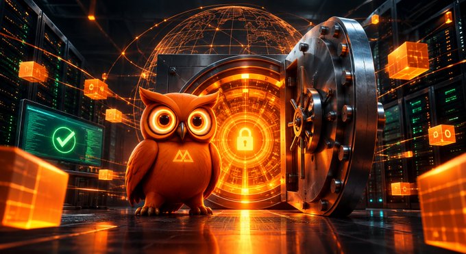 A digital illustration of an owl standing in front of a glowing orange vault door in a server room, surrounded by floating data cubes, a globe graphic, and digital security symbols.