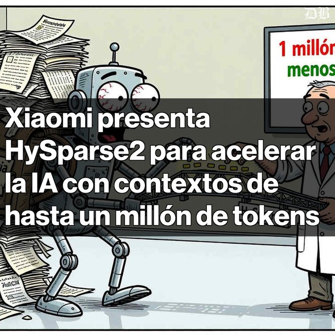 A cartoon illustration of a bloodshot-eyed robot overwhelmed by paperwork next to a scientist, with Spanish text reading 'Xiaomi presenta HySparse2 para acelerar la IA con contextos de hasta un millón de tokens' (Xiaomi presents HySparse2 to accelerate AI with contexts of up to one million tokens).