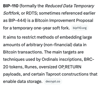 BIP-110 is a failed Bitcoin Improvement Proposal that attempted a temporary soft fork to restrict on-chain data storage methods like Ordinals, BRC-20, and Runes, but it only garnered 2% miner support and derailed within 2 blocks.