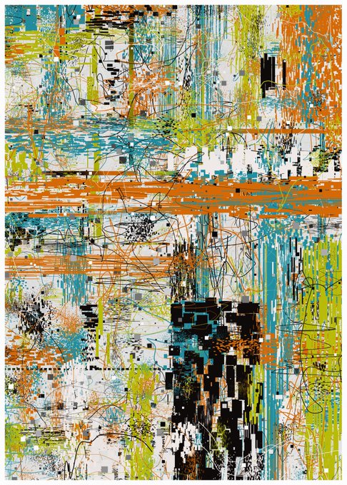 An abstract mixed-media artwork featuring chaotic layers of orange, teal, lime green, and black paint strokes with geometric block patterns.