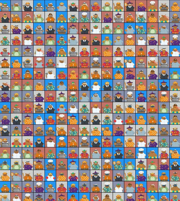 A grid wallpaper featuring dozens of small pixel art portraits of brown bears dressed in various costumes including pirates, kings, chefs, and businessmen against alternating blue and purple backgrounds.