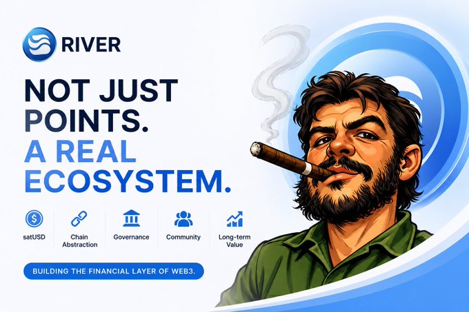 A promotional banner for "RIVER" featuring a bearded man smoking a cigar, with the tagline "NOT JUST POINTS. A REAL ECOSYSTEM." and icons highlighting features like satUSD, Chain Abstraction, Governance, Community, and Long-term Value, alongside the slogan "BUILDING THE FINANCIAL LAYER OF WEB3." The image visually reinforces the post's message by emphasizing that River is more than just an airdrop or points-farming project, positioning it instead as a comprehensive Web3 financial ecosystem.