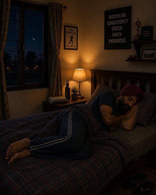 A man wearing a red turban sleeps peacefully on a bed in a dimly lit room, illuminated by a warm lamp; the wall behind him features a sign reading 'DISCIPLINE CONSISTENCY FOCUS FAITH PROGRESS.'