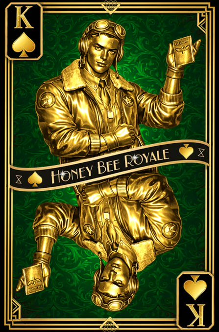 An ornate playing card design features a golden aviator figure in a mirrored layout, labeled 'Honey Bee Royale' as the King of Spades.