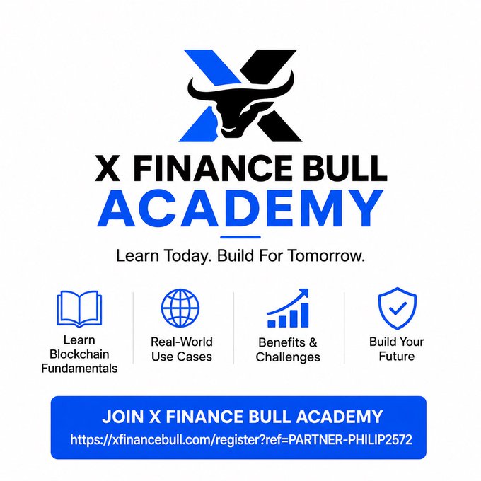 A promotional graphic for the X Finance Bull Academy featuring a bull logo and the tagline "Learn Today. Build For Tomorrow," highlighting four key benefits—blockchain fundamentals, real-world use cases, benefits & challenges, and future-building—with a registration link for those looking to start understanding blockchain technology referenced in the post about XRP, XLM, and HBAR.