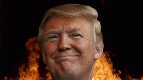 The image shows a man, presumably Donald Trump, smiling while posing next to a dramatic scene of burning fires or flames. The caption below the photo mentions that Trump may not be as popular as he once was since taking office due to various factors, including market sentiments like Bitcoin and the stock market, such as S&P 500, Nasdaq, Apple, NVIDIA, Google, and Dell.
