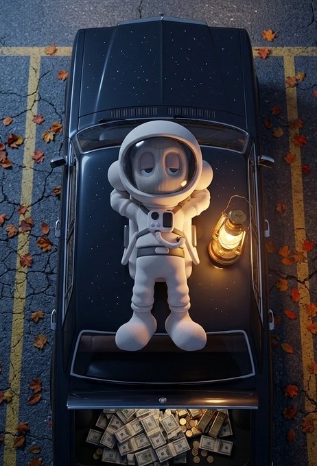 A top-down 3D render shows a small astronaut character lying on the windshield of a dark car in a parking lot, holding a glowing lantern, with stacks of cash visible in the trunk and autumn leaves scattered around.