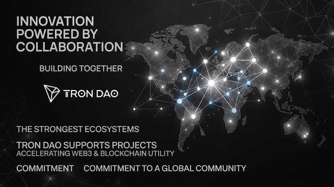A Tron DAO promotional banner titled 'INNOVATION POWERED BY COLLABORATION' featuring a stylized world map with connected nodes, emphasizing building together, supporting Web3 projects, and commitment to a global community.
