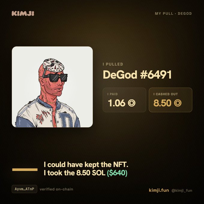 A digital NFT receipt from KIMJI showing a cartoon character portrait, stating 'I PULLED DeGod #6491', with 'I PAID 1.06' and 'I CASHED OUT 8.50', and the text 'I could have kept the NFT. I took the 8.50 SOL ($640)' from user Ayvm__ATnP verified on-chain.