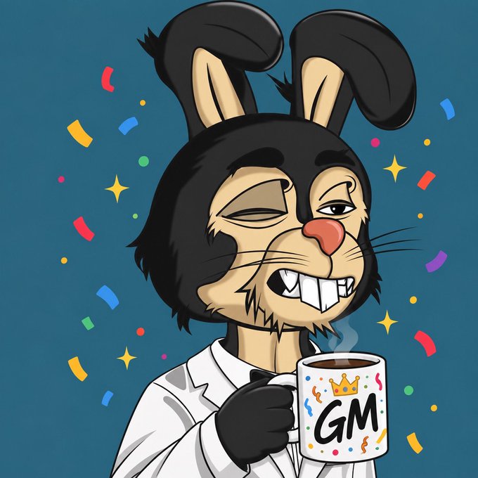 Cartoon illustration of a black rabbit character with prominent buck teeth holding a coffee mug labeled 'GM' with a gold crown, surrounded by colorful confetti.