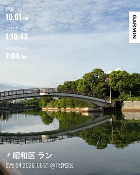 The image features a scenic view of a bridge over water, with trees reflected in its surface. The bridge spans across the river, providing a picturesque backdrop for the surrounding landscape. A clock can be seen at the top left corner of the image, indicating the time and possibly suggesting that this location is part of an event or gathering related to running or outdoor activities.