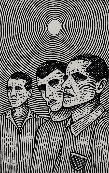 A black and white line art illustration of three men's faces in profile and three-quarter view against a hypnotic background of concentric circles with a central sun or moon.