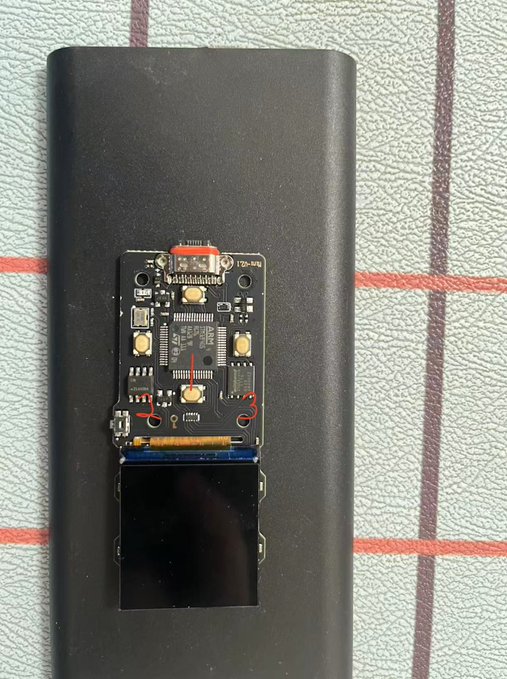 A disassembled OneKey Mini hardware wallet reveals its internal circuit board, main chip, and LCD screen exposed on a black casing, consistent with a teardown of the device's front cover, back cover, and core circuitry.