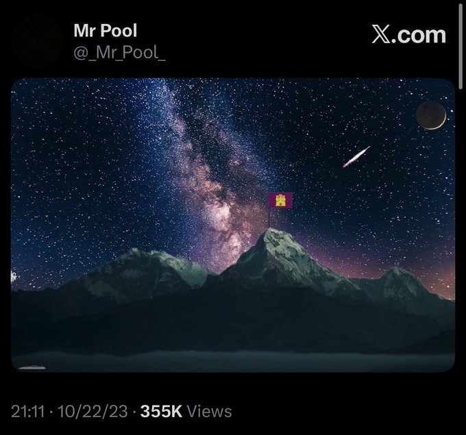 A Twitter/X post by Mr Pool (@_Mr_PooL_) from 21:11 on 10/22/23 shows a stunning night sky with the Milky Way, mountains, a crescent moon, and a flag planted on a peak, gaining 355K Views.