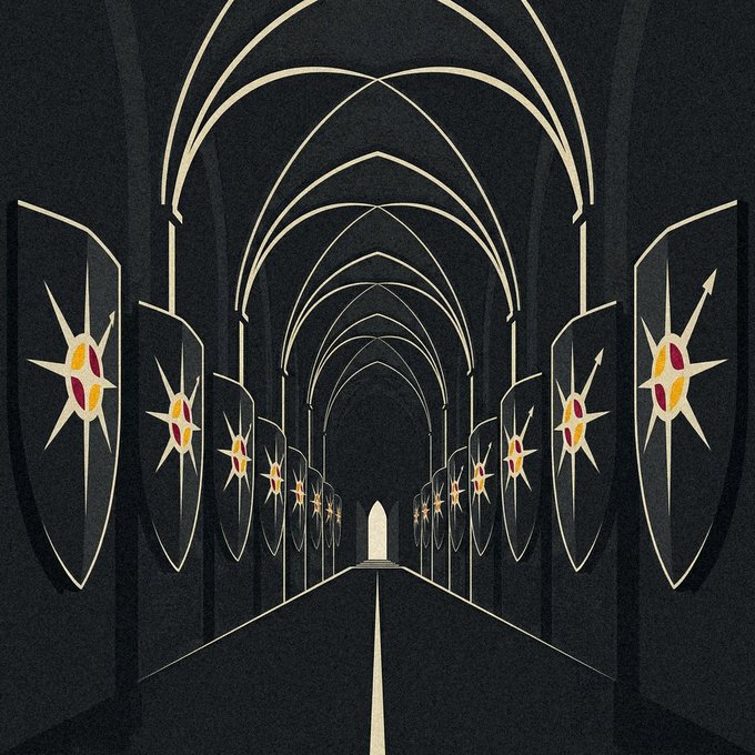 A stylized illustration of a grand, vaulted cathedral-like hallway lined with shields bearing star emblems, leading toward a glowing doorway at the end—evoking a sense of an elite, ceremonial "genesis hall." The regal imagery symbolizes $UFG being selected as a foundational ("genesis") asset within Meridian Capital's curated lineup of projects.