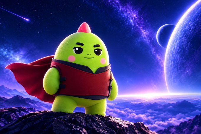 An AI-generated image of a cute green dinosaur-like character in a red superhero outfit and cape standing on a rocky peak against a cosmic space background.