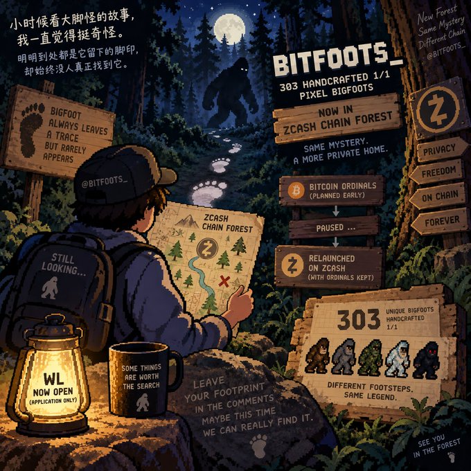 A pixel art promotional image for 'BITFOOTS_' on Zcash Chain Forest, showing 303 handcrafted pixel bigfoots with text explaining the collection's transition from Bitcoin Ordinals.