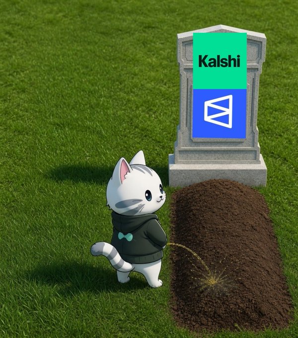A cartoon white cat in a hoodie stands beside a grave marked with the Kalshi logo, appearing to urinate on the freshly dug dirt.