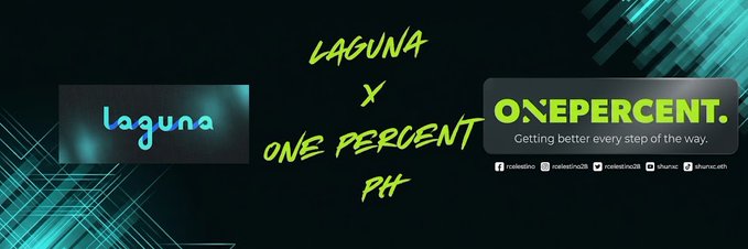 A digital banner displays 'LAGUNA X ONE PERCENT PH' alongside logos for both entities, with the OnePercent logo featuring the tagline 'Getting better every step of the way.'