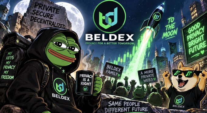 A Pepe the Frog-themed promotional graphic for 'BELDEX: PRIVACY FOR A BETTER TOMORROW' depicting meme characters holding signs about privacy and crypto, with slogans like 'PRIVATE SECURE DECENTRALIZED' and 'TO THE MOON'.