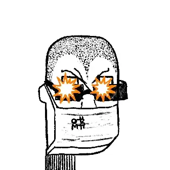 A black and white line drawing of a face wearing a face mask with starburst patterns over the eyes, displaying an angry expression.
