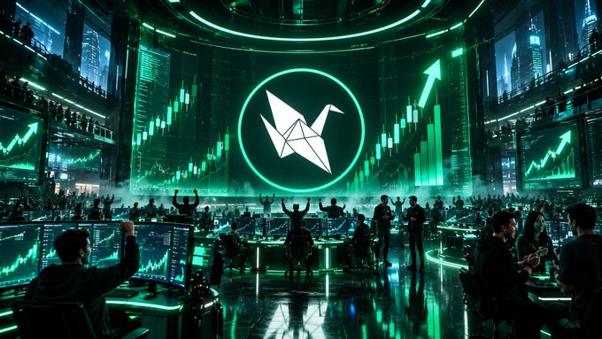 A futuristic, cyberpunk-style trading floor scene glowing in green, with crowds of people cheering in front of massive screens displaying a geometric dog logo and upward-trending stock charts.