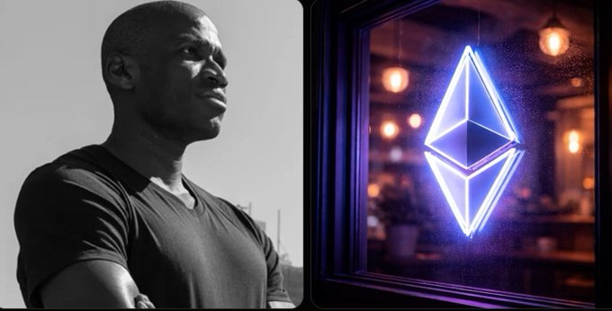 The image shows a side-by-side of a man in a black shirt (left) and a glowing Ethereum (ETH) logo displayed in a window with a warm-lit interior in the background (right). The visual pairs a notable crypto figure with the Ethereum symbol, aligning with the post's discussion of Arthur Hayes predicting an ETH rally driven by institutional adoption of real-world assets (RWAs) and tokenization.