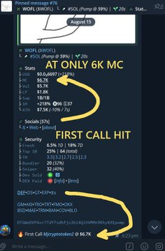 A Discord message contains a stock watchlist for $WOFL showing a "FIRST CALL HIT" and a "SECOND CALL HIT" at $56.75, with the message noting "AT ONLY 6K MC" and displaying Discord usernames including "first Call Miyamotokunz."