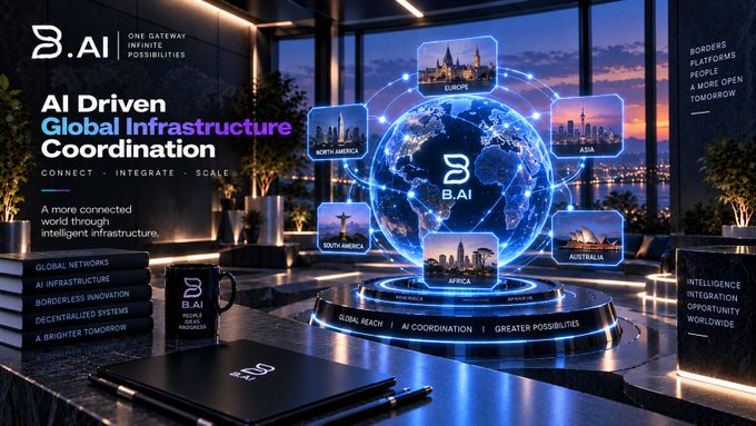 A futuristic promotional graphic for B.AI displaying 'AI Driven Global Infrastructure Coordination' with a holographic globe showing connections to North America, South America, Europe, Africa, Asia, and Australia.